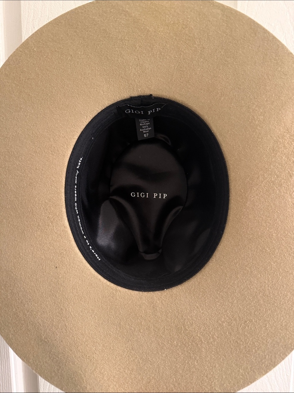 GIGI PIP Wide Brim Felt Hat in Tan with Black Lining